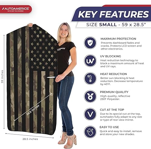 Miniatura 2 de Autoamerics Parasol para parabrisas de 1 pieza, diseño de camuflaje oscuro, bandera estadounidense, plegable, para la mayoría de los sedanes, SUV,