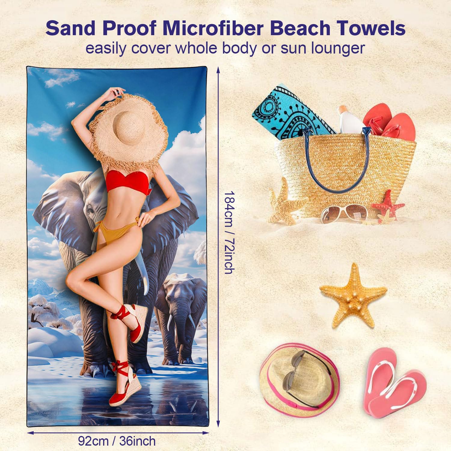 YISUMEI Elephants Beach Towels for Adults Extra Large 180 x 90 cm, Microfibre Quick Dry Towel for Travel Swimming Camping Sports - Image 4
