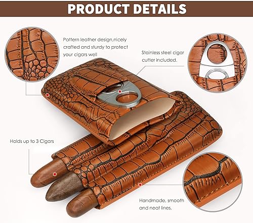 Miniatura 2 de Estuche para puros, soporte de 3 piezas, funda de viaje para puros, humidor de cigarros hecho de cuero con cortador inoxidable, regalo de moda para