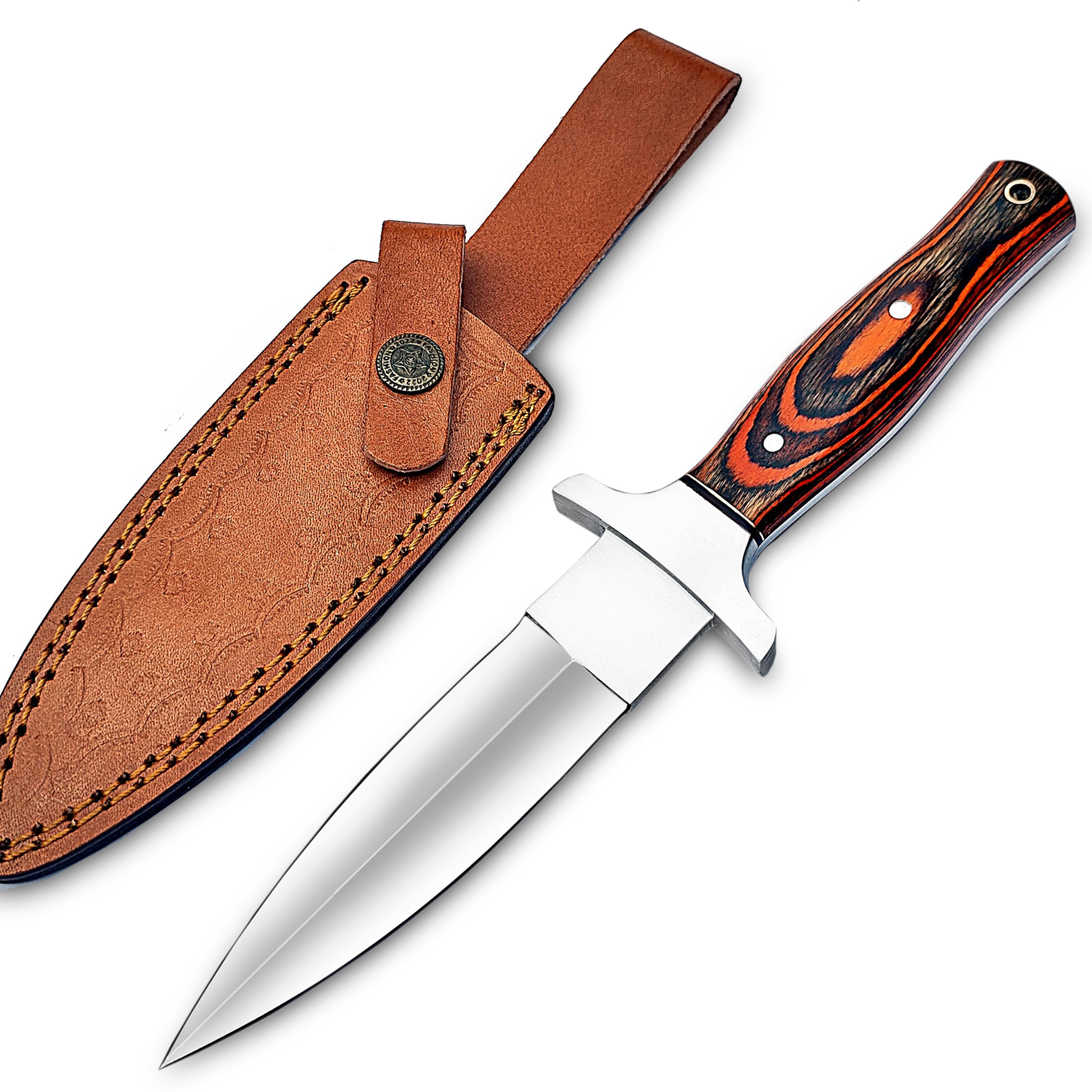 Handmade D2 Steel Dagger Knife, Fixed Blade Hunting Knife with Sheath, 10 inch Dual Edge Blade with Pakkawood Handle for Camping, Tactical, Survival