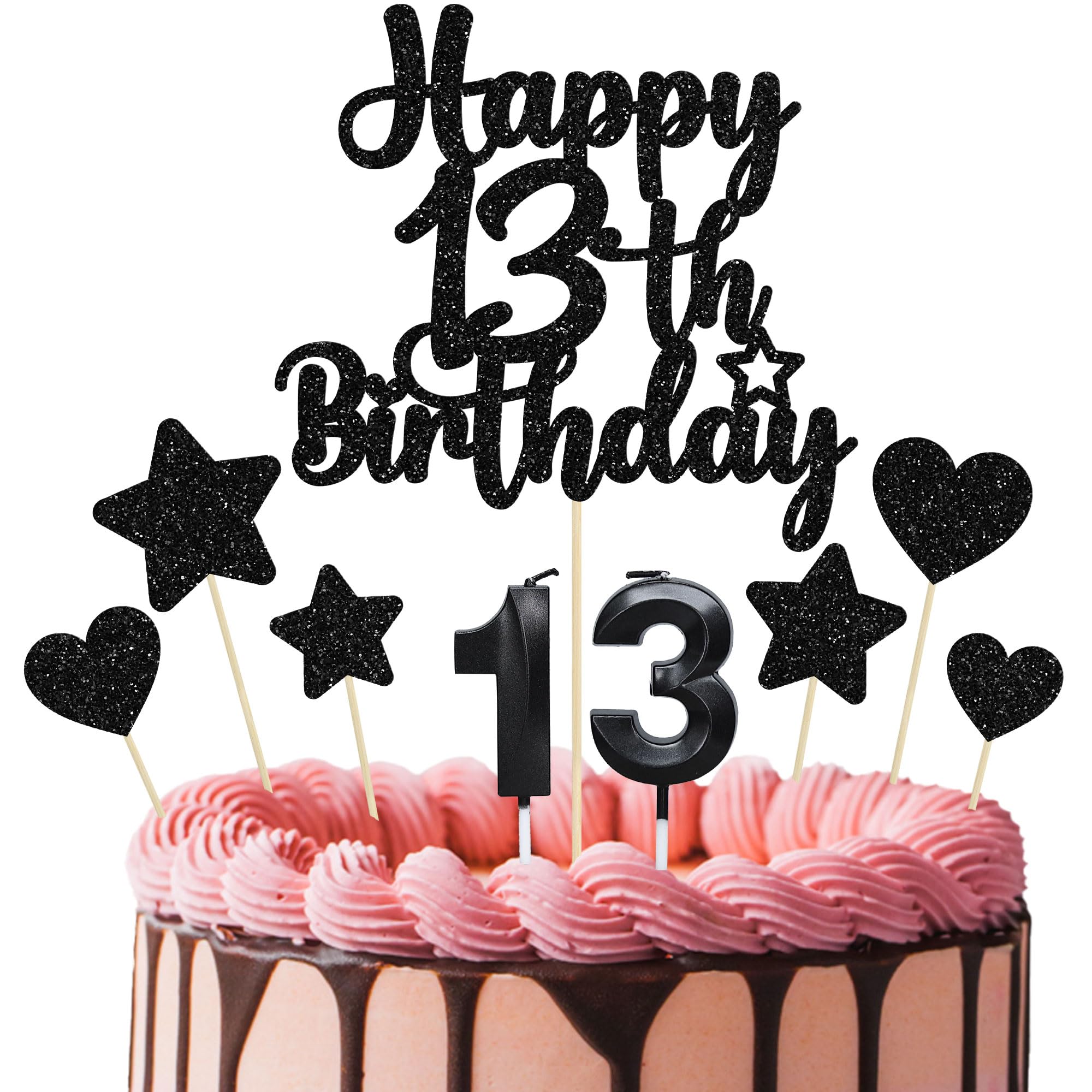 Gyufise 15Pcs Happy 13th Birthday Cake Topper Set with Heart Star Glitter Cheers to 13 Years Cake Picks Number 13 Candles Cake Decorations for Happy 13th Birthday Anniversary Party Supplies Black