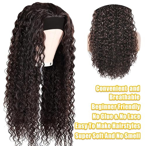 Miniatura 10 de Peluca de cabello humano ondulado profundo de 14 pulgadas, pelucas de cabello humano brasileño con diadema para mujeres negras, peluca frontal sin