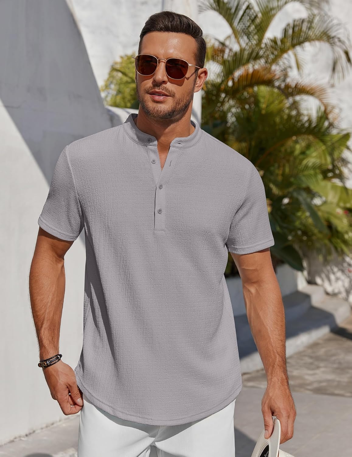 COOFANDY Men's Henley Shirt Short Sleeve Stand Collar Summer Casual Beach Hippie T-Shirts - Image 2