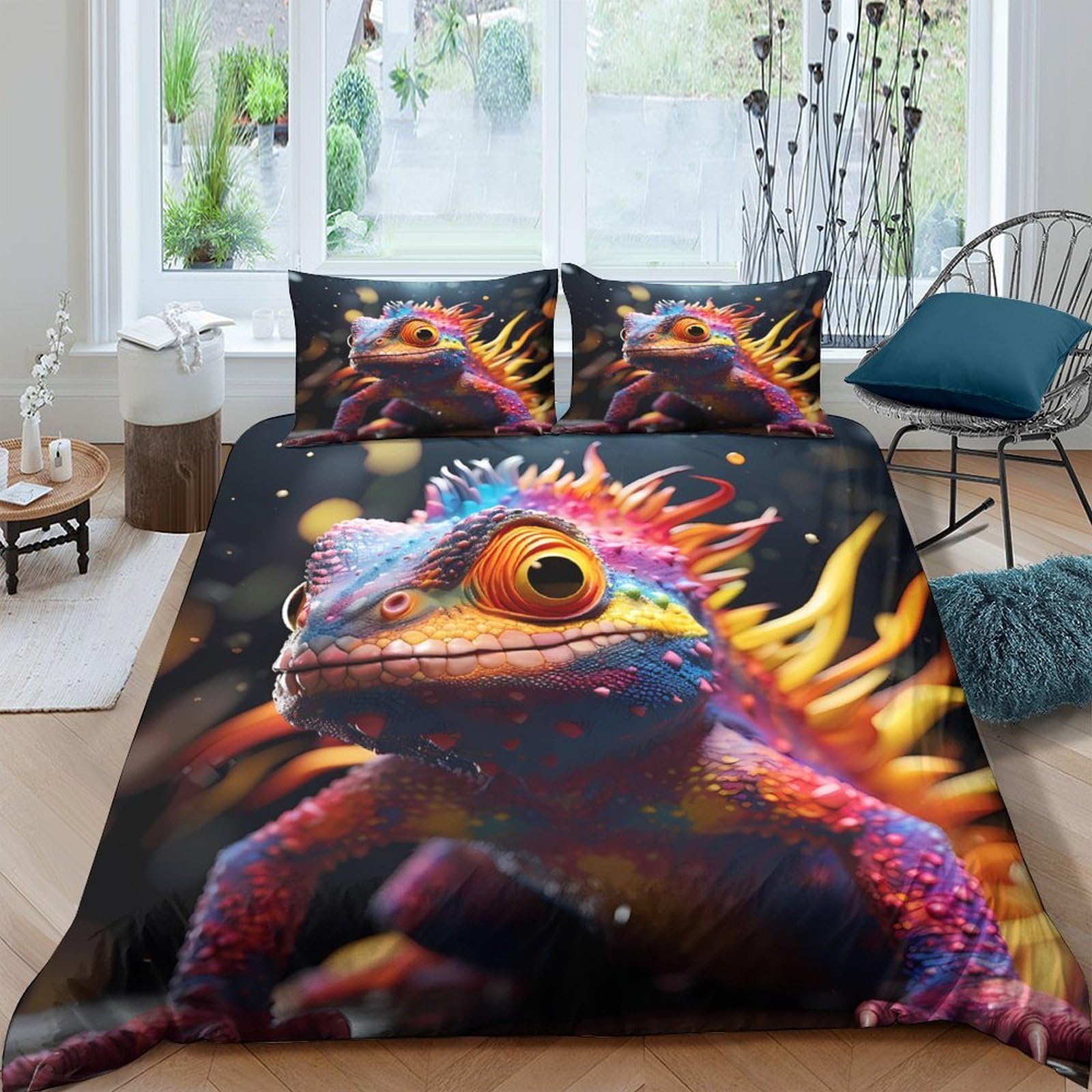 Ctjqhvkz Style-6 3D Printed Vibrant Lizard Fitted Sheet Microfiber Soft Breathable Rainbow Reptile Mattress Cover For Bedroom Decor Single（135X200cm）