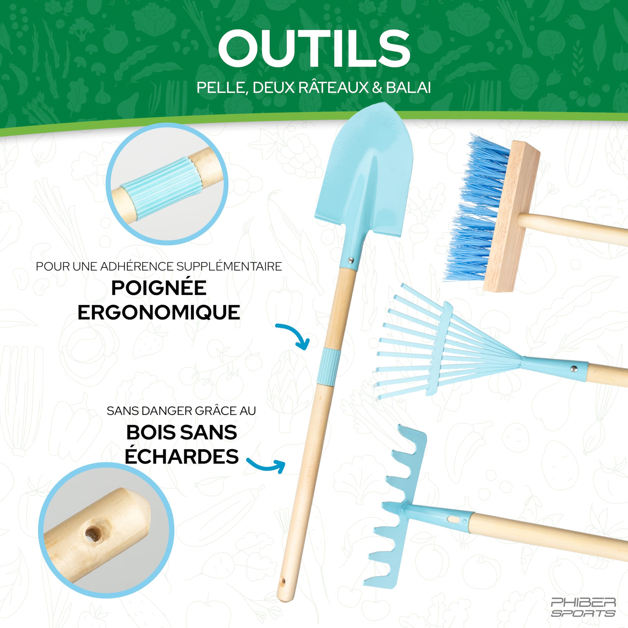 PHIBER-SPORTS Brouette pour enfants + outils de jardin en métal - Brouette avec pelle, balais, râteau à feuilles et autocollants pour enfants