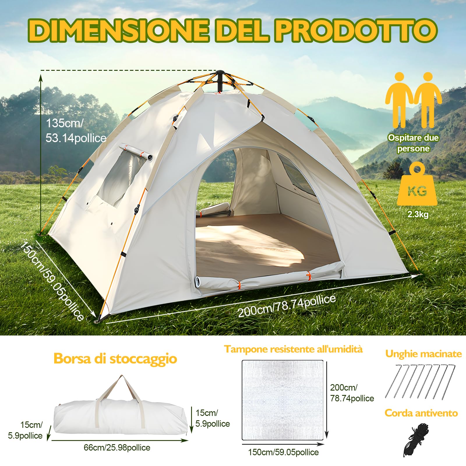 Tenda Campeggio 2-4 Posti Con Cuscinetto Antiumidità,Tenda da Campeggio,Tenda Pop Up,Ultraleggero, Protetto Dai Raggi UV, Impermeabile, Isolante, per lo Zaino in Spalla, Escursionismo e Altro Ancora