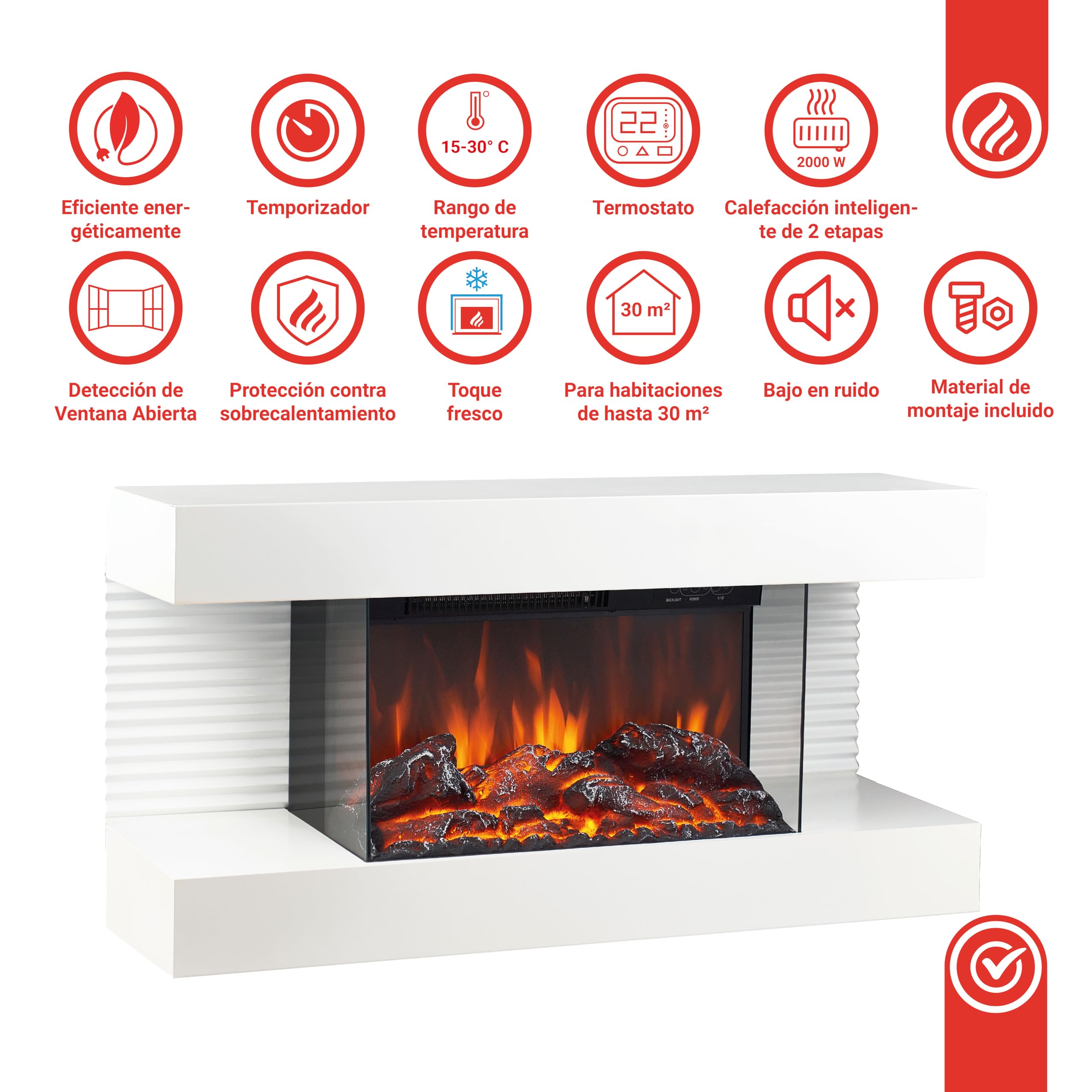 KAMINIO Eléctrica Chimenea Liz - Chimenea eléctrica de Pared con calefacción, Efecto de Llama 3D, Luz Ambiental LED, Control Remoto (Blanco)