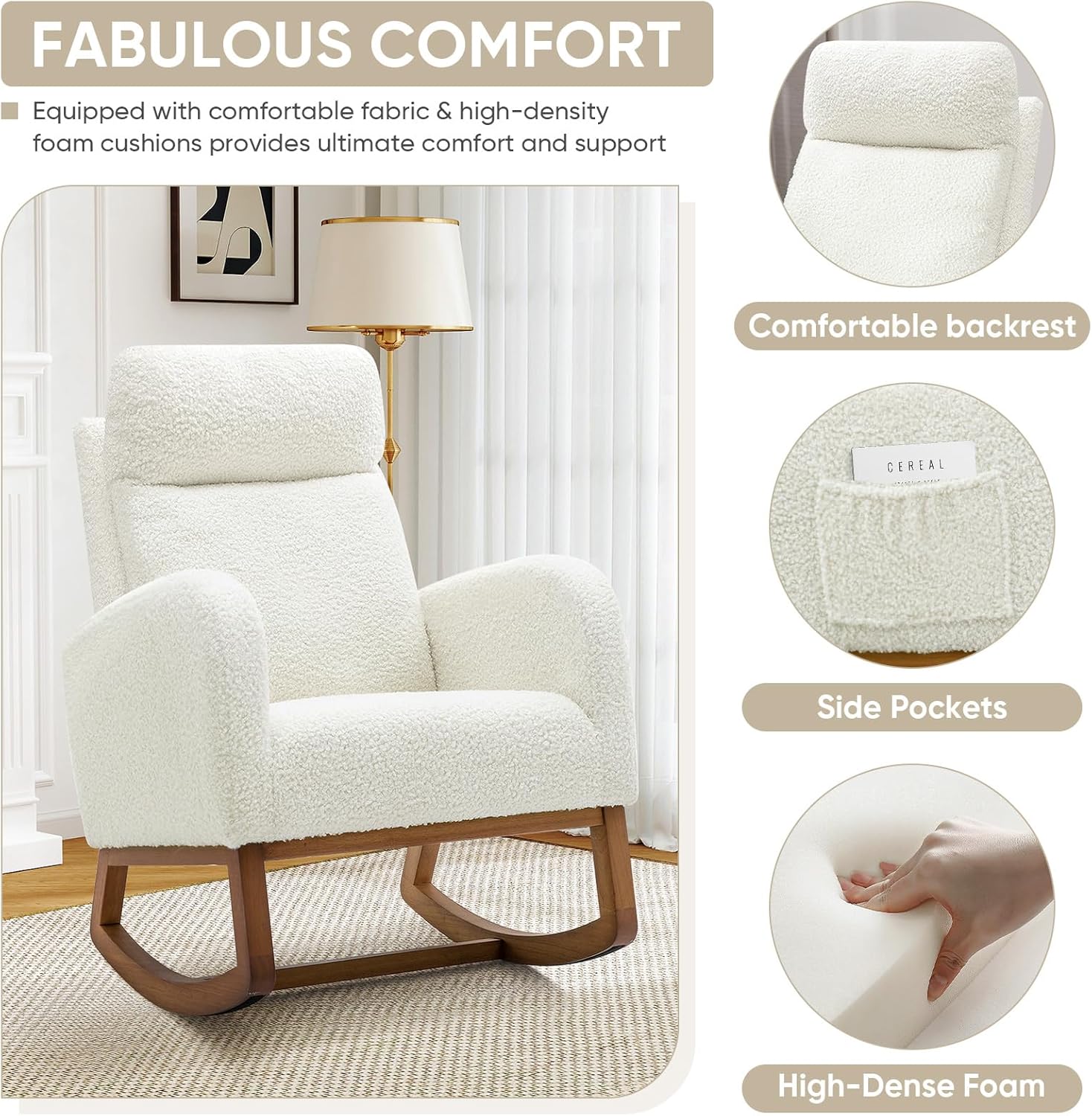 Nursery Rocking Glider Chair, Modern Fabric Tall Back Accent Rocker Chair Upholstered Arm Chair w/Side Pockets, Modern Leisure Single Sofa for Living Room, Hotel, Bedroom, Office, Cream