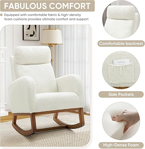 Miniatura 5 de Silla mecedora para guardería, silla mecedora de tela moderna con respaldo alto, silla mecedora tapizada con bolsillos laterales, sofá individual