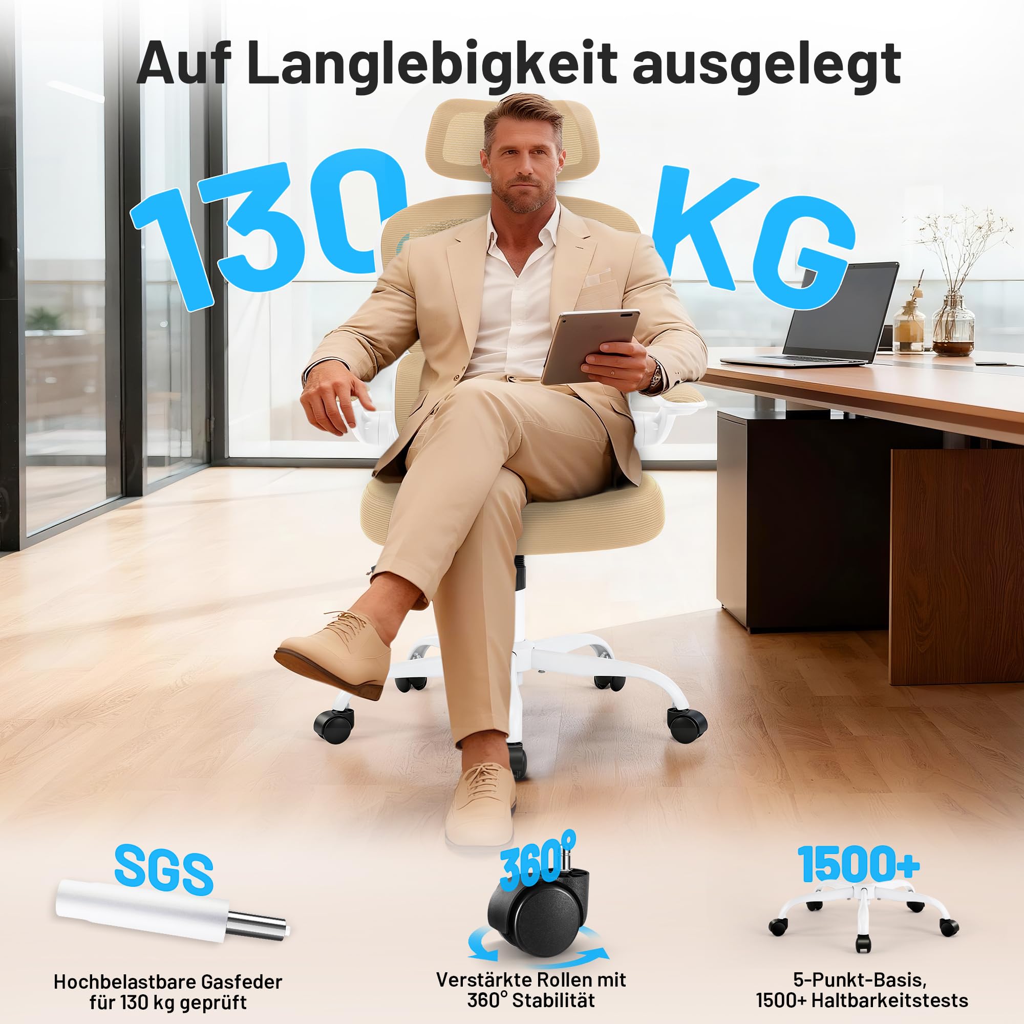Ergonomischer Bürostuhl mit Kopf- & Lendenstütze, Khaki | belastbar bis 150 kg , Atmungsaktive Netzbespannung, höhenverstellbarer Drehstuhl mit Rollen, für Büro & Homeoffice