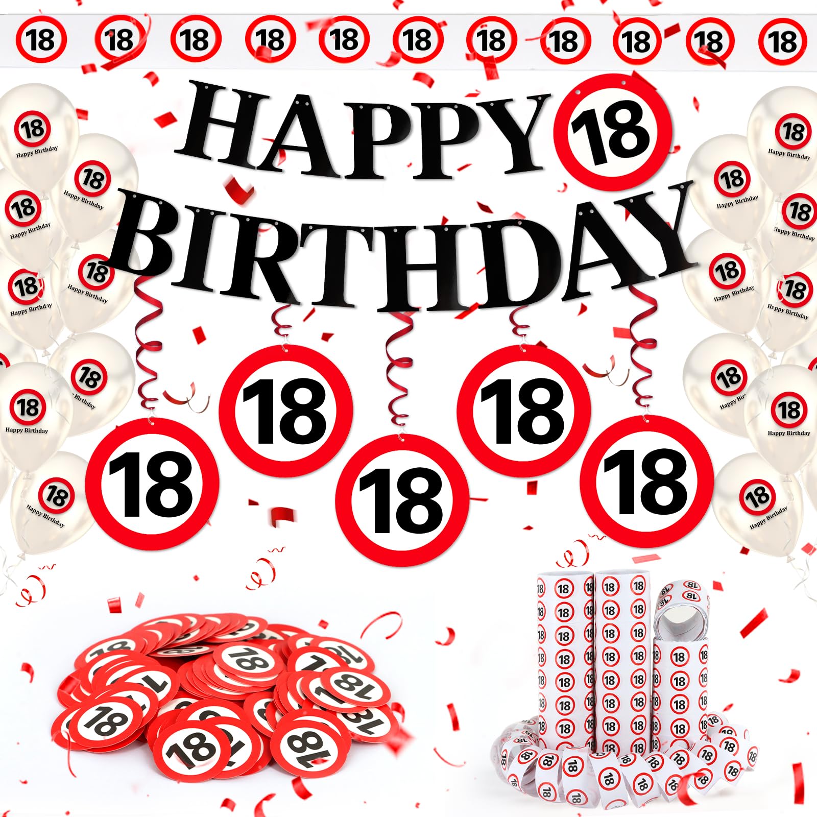 WenmthG 18 Geburtstag Deko, Deko 18. Geburtstag Junge Mädchen, 18 Geburtstagsdeko mit Banner, Girlande, Konfetti, Luftballons, Luftschlangen - Verkehrsschild zum 18. Jahre - Verkehrszeichen 18