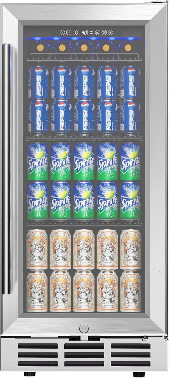 15” Beverage Refrigerator Cooler – 126 Cans Under Counter Beverage Fridge with LED Light, Built-in Design, Wine Cooler for Home/Kitchen