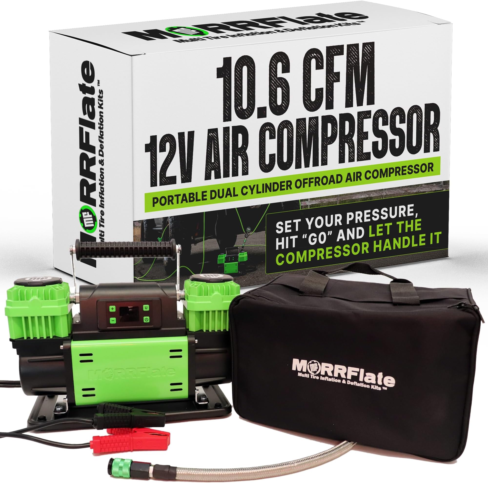 MORRFlate TenSix PSI Pro 12 Volt Air Compressor Heavy Duty - 10.6 CFM Portable Dual Cylinder Off Road Air Compressor with PSI Pro Technology - 4FT Stainless Steel Hose - Includes Carry Bag & Gloves