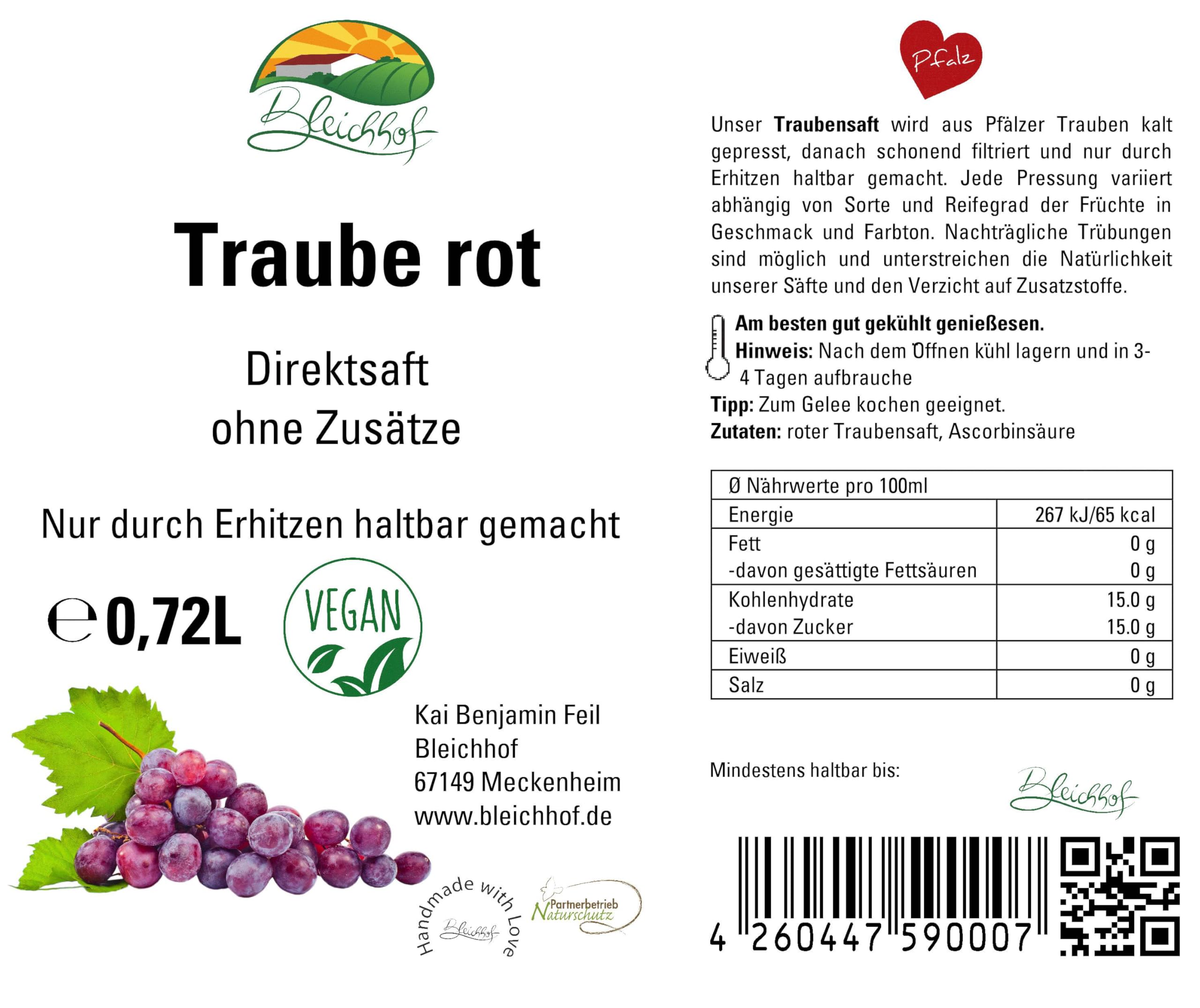 BLEICHHOF® Traubensaft (rot) -Direktsaft, vegan (12x0,72l)