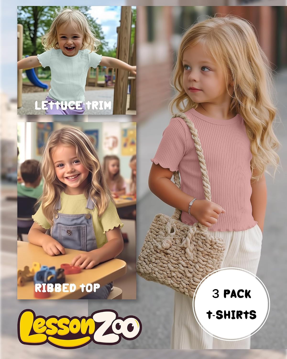 3 Pack Baby Girls' Ribbed Short Sleeve T-Shirts Lettuce Trim Crewneck Basic Slim Fit Soft Tops Toddler Tees 18M–5T