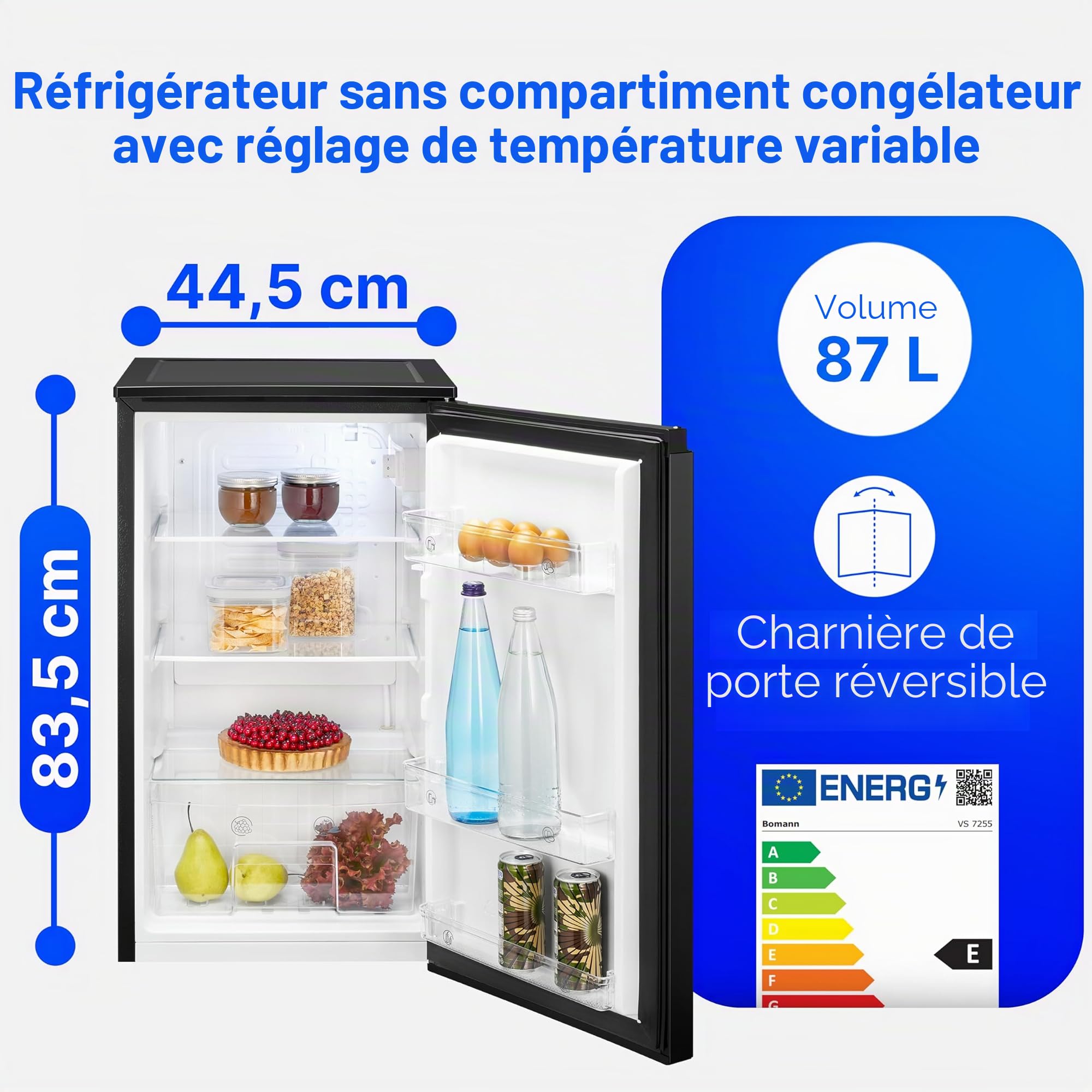 Bomann Réfrigérateur sans compartiment congélateur | 87 L | économe en énergie et compact | 0 °C-8 °C, réglage en continu | 3 clayettes et bac à légumes | Réfrigérateur standard | VS 7255 noir