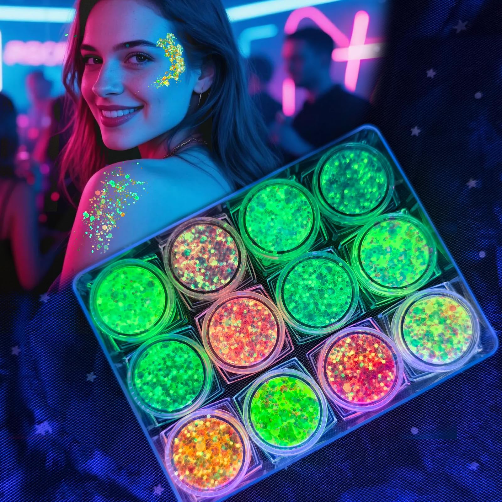 Festival Glitzer Gesicht, 12 Farben Fluoreszierendes Chunky Sequin Face Body Glitter Festival Zubehör Accessoires Gadget,Geeignet für Partys, Halloween, Karneval, Make-up-Balls usw. (12 Stück)