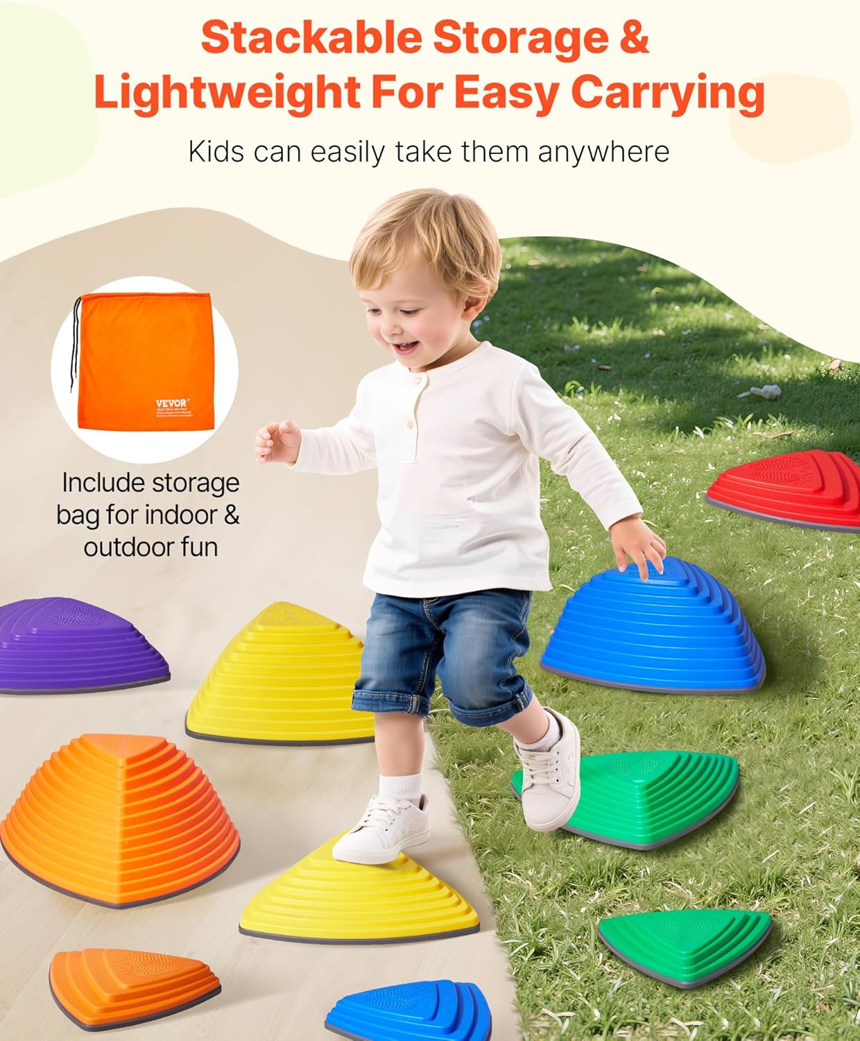 VEVOR Balance Stepping Stones for Kids, 12 PCS, Up to 220 lbs, Non-Slip Toddlers Sensory Stepping Stones, Obstacle Course Coordination Game Toys Indoor or Outdoor Play for Children Aged 3 4 5 6 7 8+