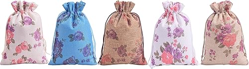 Sansam 20 bolsas de regalo de arpillera con cordón, 4.0 x 5.6 pulgadas, patrones de flores mixtas bolsas de yute para joyas, fiestas, embalaje de