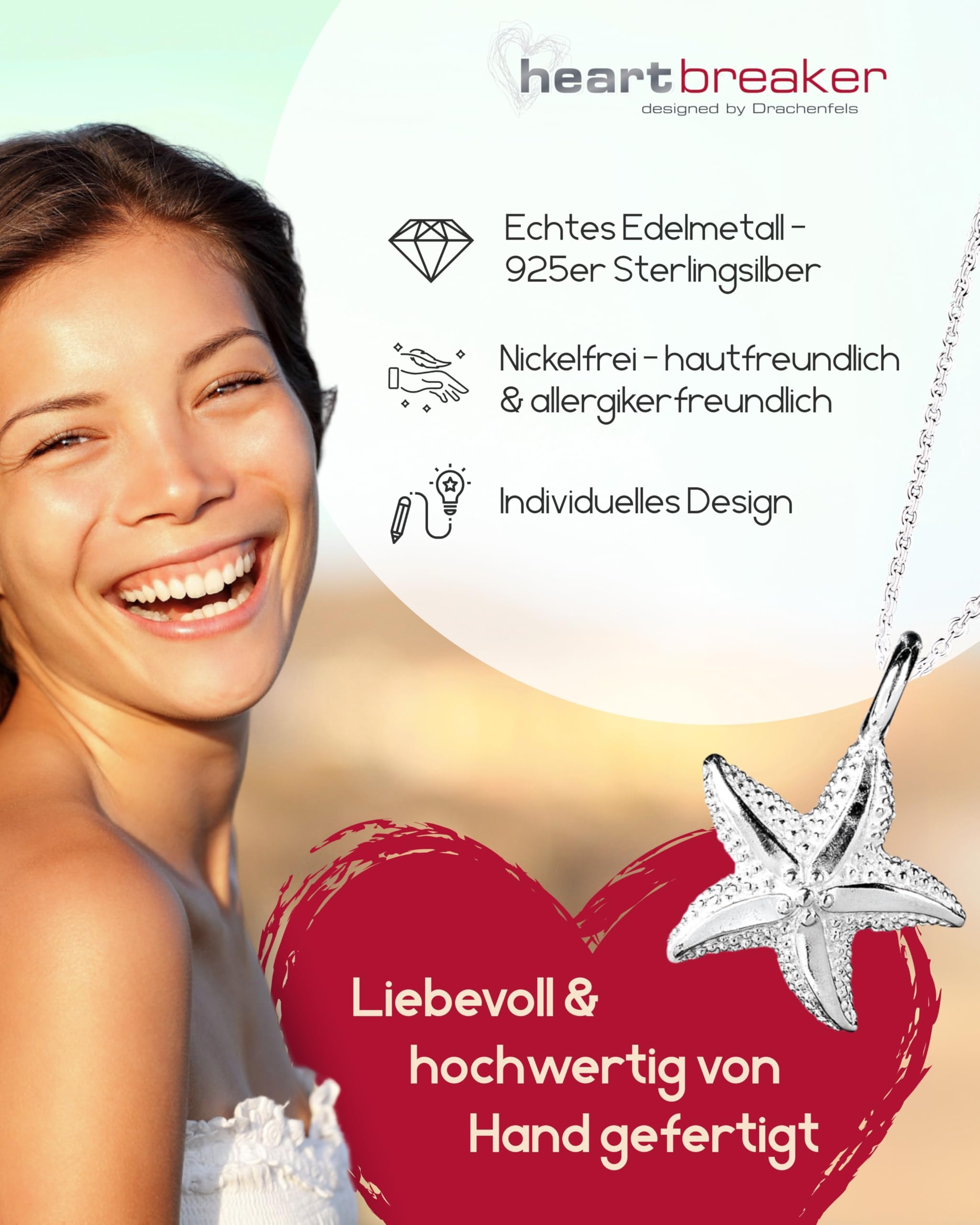 Heartbreaker "Sealife" Seestern-Anhänger klein I Edler Kettenanhänger aus 925 Sterling Silber I Nickelfreier Silberanhänger in Goldschmiedequalität I Hochwertiger Anhänger für Damen I LD SL 33