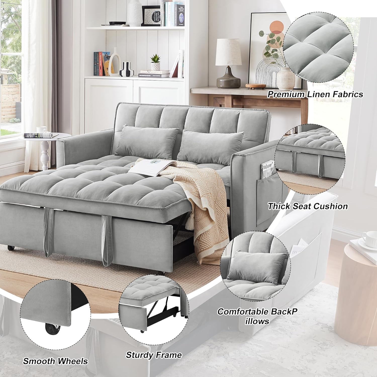 Oversized 3-in-1 Convertible Sleeper Sofa Bed, Futon Couch with Pullout Bed, 2-Seater Loveseat Sofa w/Pockets, Adjustable Backrest and Pillows for Living Room Apartment(55INCH-Light Gray)