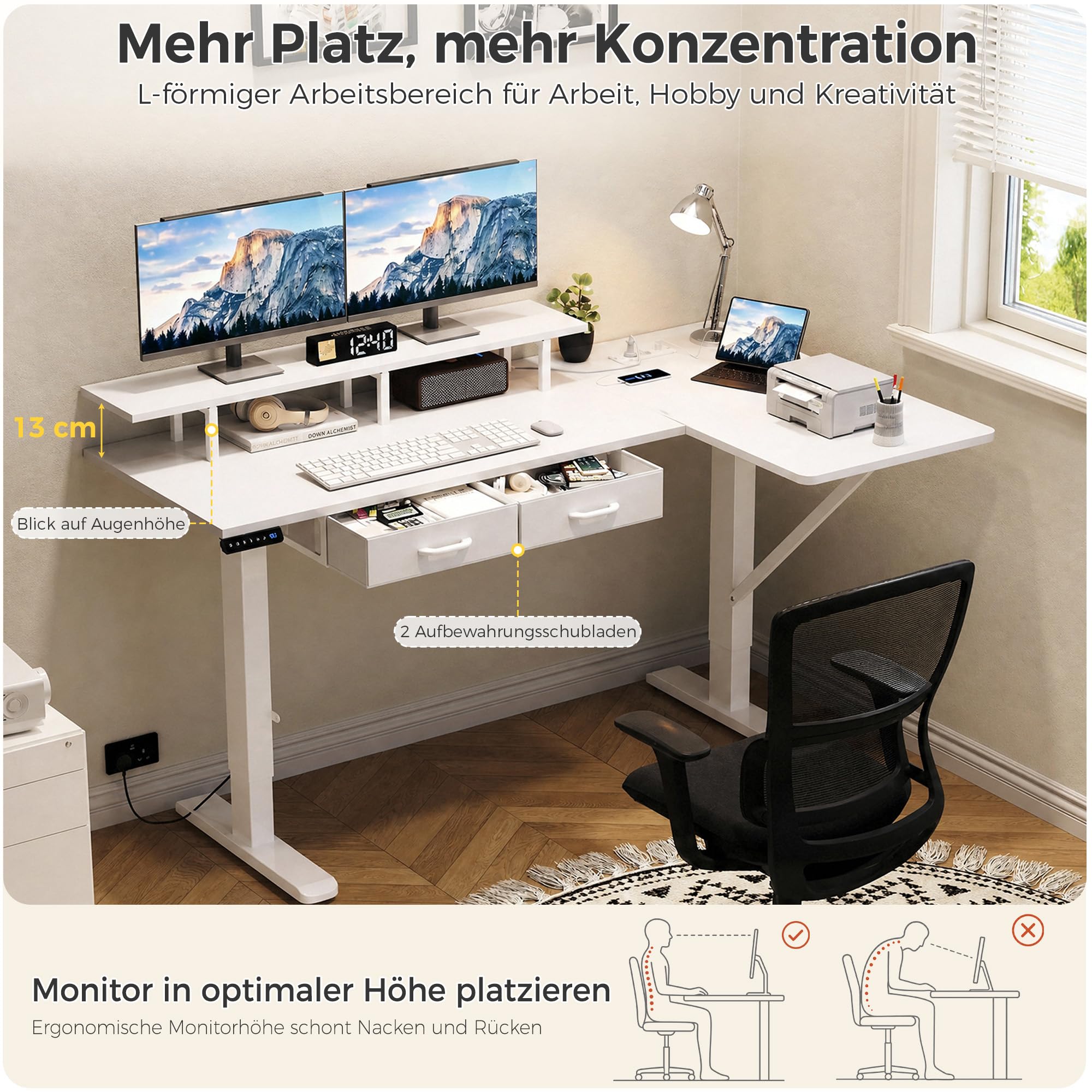 IRONCK Höhenverstellbarer Schreibtisch L Form, Elektrischer Eckschreibtisch