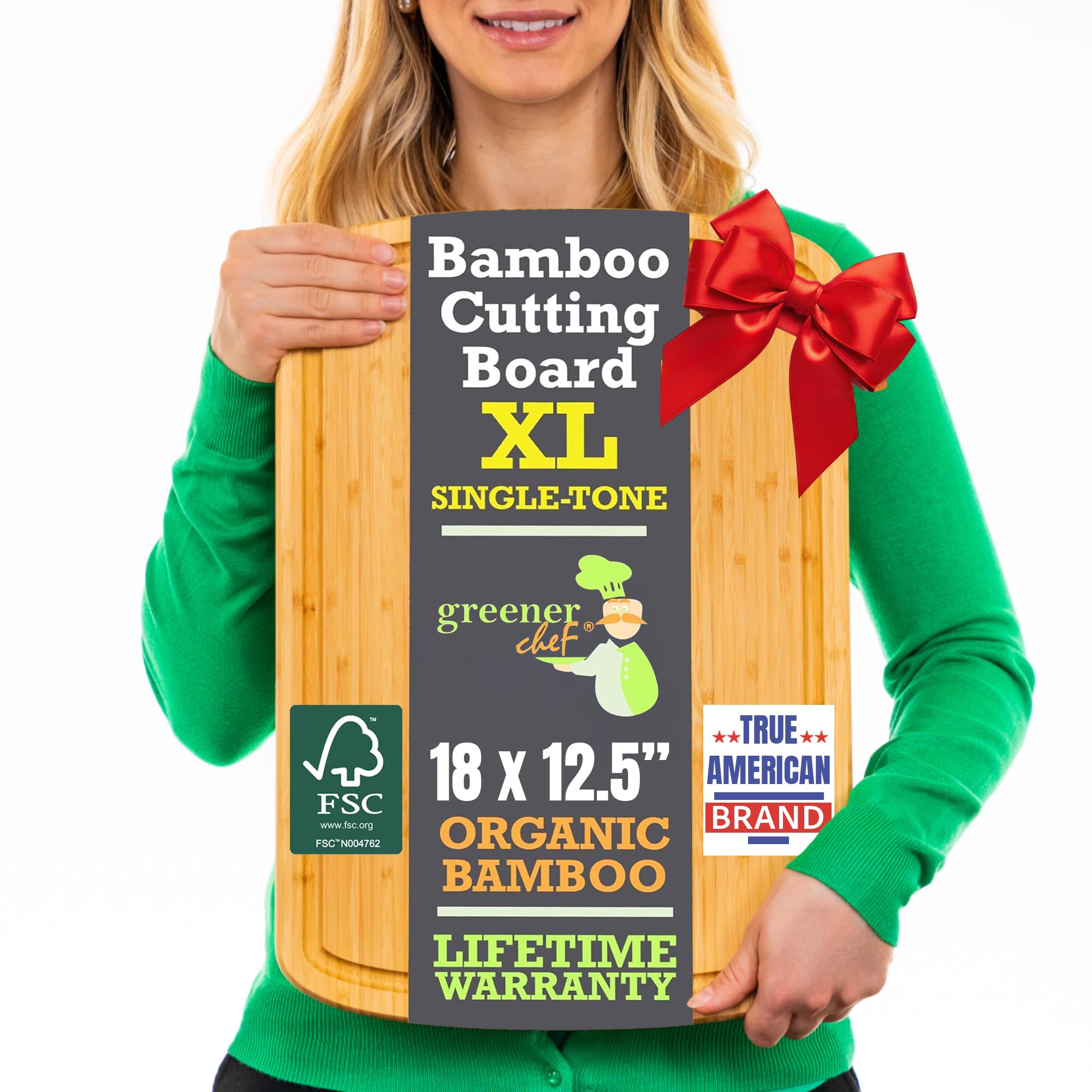 GREENER CHEF 18 Inch Extra Large Bamboo Cutting Board with Lifetime Replacements - Organic Wooden Butcher Block, XL Chopping Board for Kitchen, Meat, Vegetables, and Food Prep
