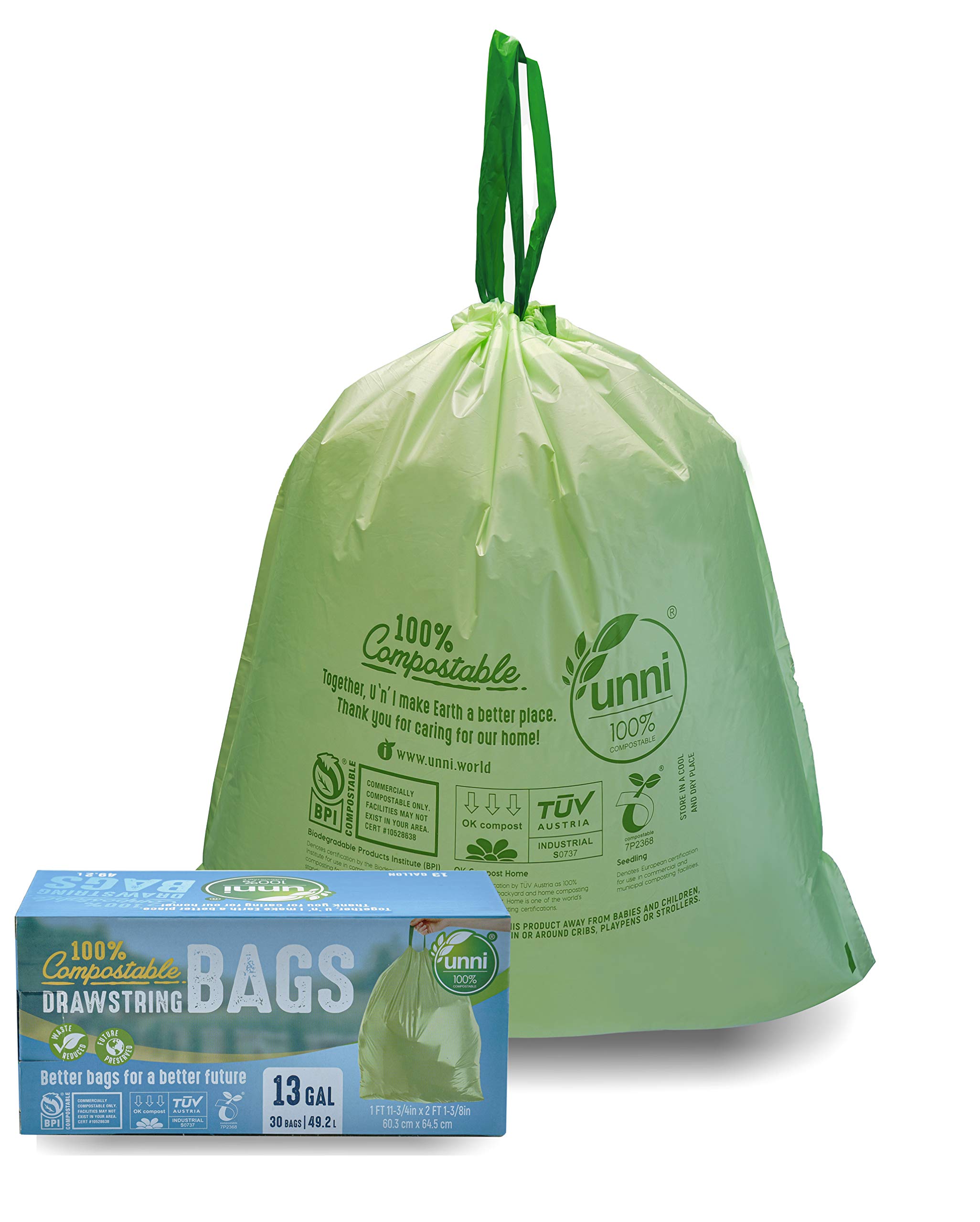 Buy UNNI100 Compostable Drawstring Bags, 13 Gallon, 49.2 Liter, 30