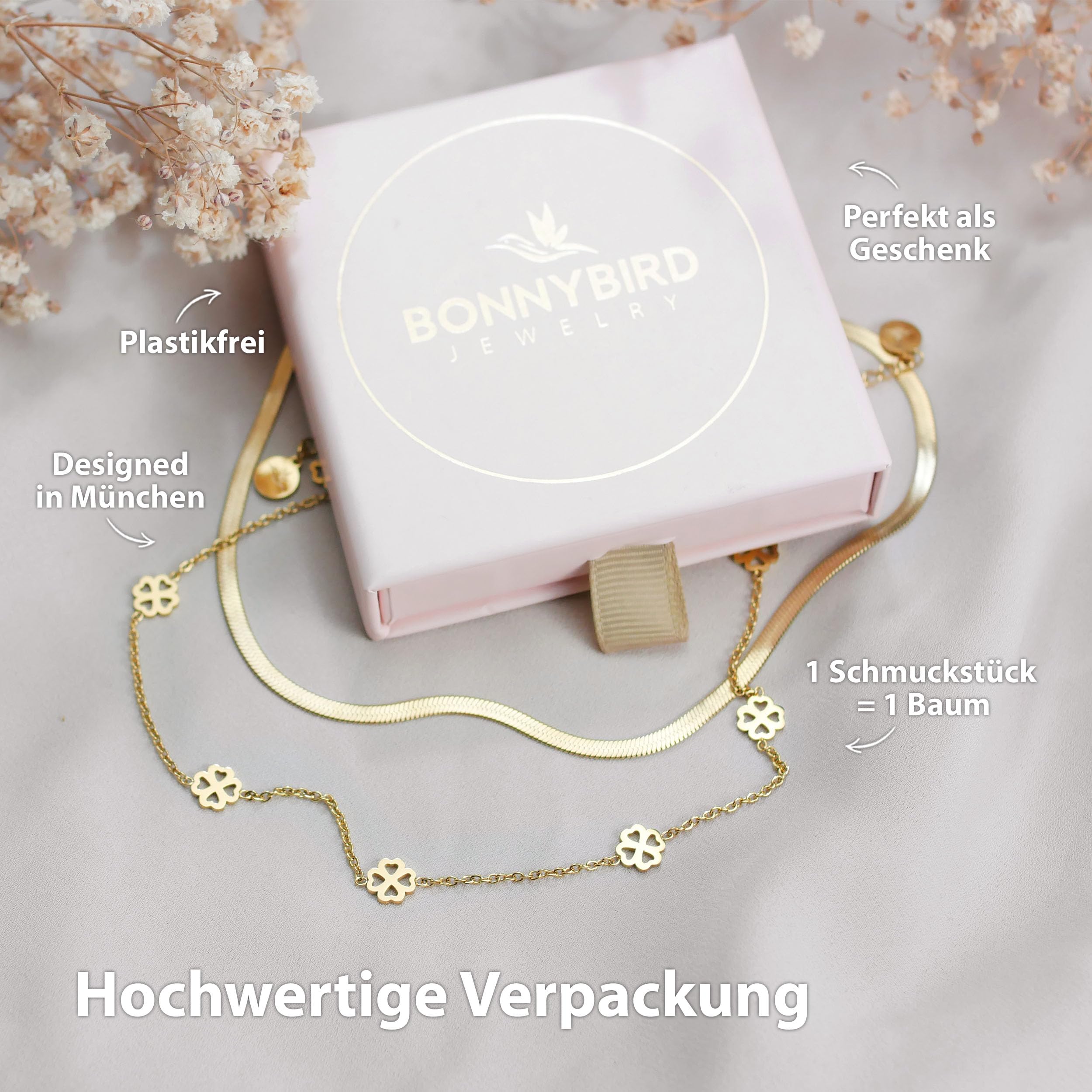 BONNYBIRD® Wasserfeste Edelstahl Halskette Damen in Silber, Gold & Roségold, 100% Wasserfest, Hautverträglich & Langlebig