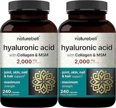 NatureBell 2 Pack Hyaluronic Acid Supplements 2,000 mg | 480 Total Capsules, with MSM & Hydrolyzed Bovine Collagen &ndash; 3 in 1 Support for Skin Hydration, Joint Lubrication, Hair, and Eye Health