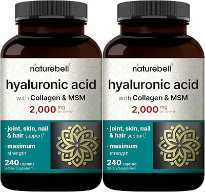 NatureBell 2 Pack Hyaluronic Acid Supplements 2,000 mg | 480 Total Capsules, with MSM & Hydrolyzed Bovine Collagen – 3 in 1 Support for Skin Hydration, Joint Lubrication, Hair, and Eye Health
