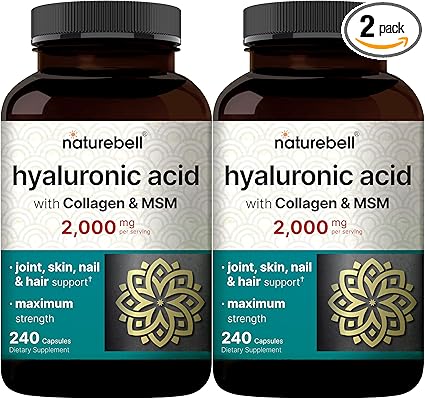 NatureBell 2 Pack Hyaluronic Acid Supplements 2,000 mg | 480 Total Capsules, with MSM & Hydrolyzed Bovine Collagen – 3 in 1 Support for Skin Hydration, Joint Lubrication, Hair, and Eye Health