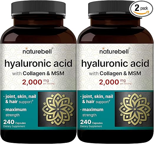 NatureBell 2 Pack Hyaluronic Acid Supplements 2,000 mg | 480 Total Capsules, with MSM & Hydrolyzed Bovine Collagen – 3 in 1 Support for Skin Hydration, Joint Lubrication, Hair, and Eye Health