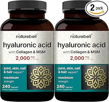NatureBell 2 Pack Hyaluronic Acid Supplements 2,000 mg | 480 Total Capsules, with MSM & Hydrolyzed Bovine Collagen – 3 in 1 Support for Skin Hydration, Joint Lubrication, Hair, and Eye Health