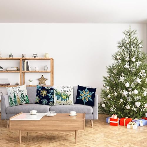Miniatura 9 de Juego de 4 fundas de almohada de árbol de Navidad de 18 x 18 pulgadas, decoración del hogar, Navidad, eucalipto, camión, copos de nieve brillantes,