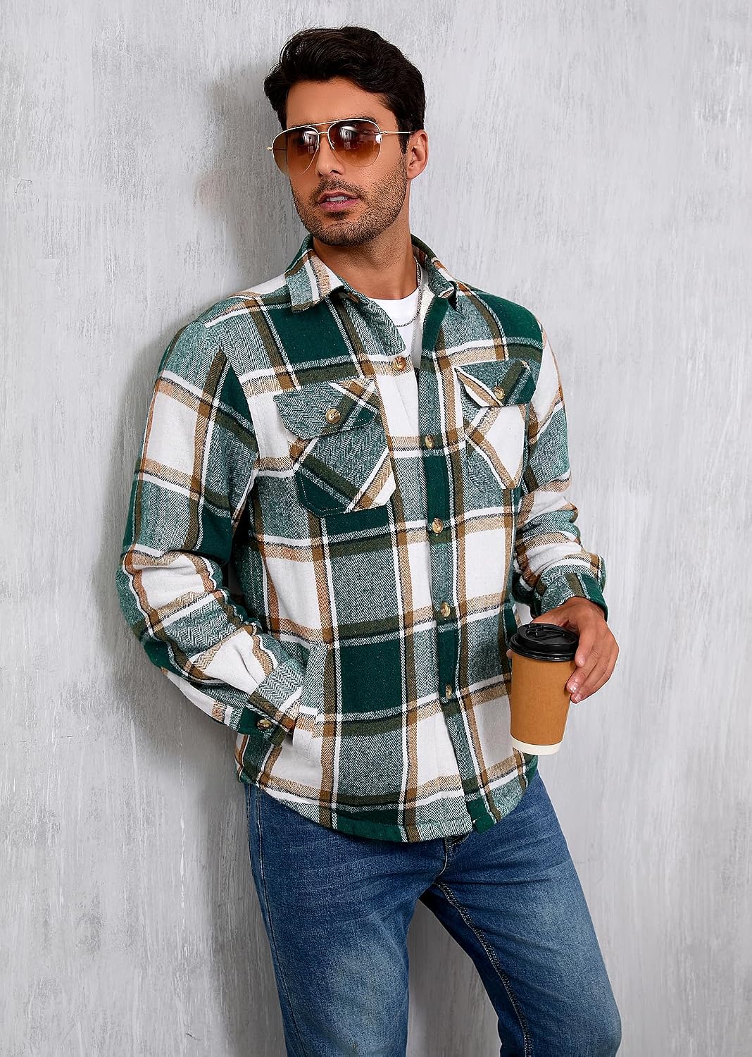  Men's Cotton Sherpa Button Down Flannel Shirt Jacket Plaid Shirt thumbnail