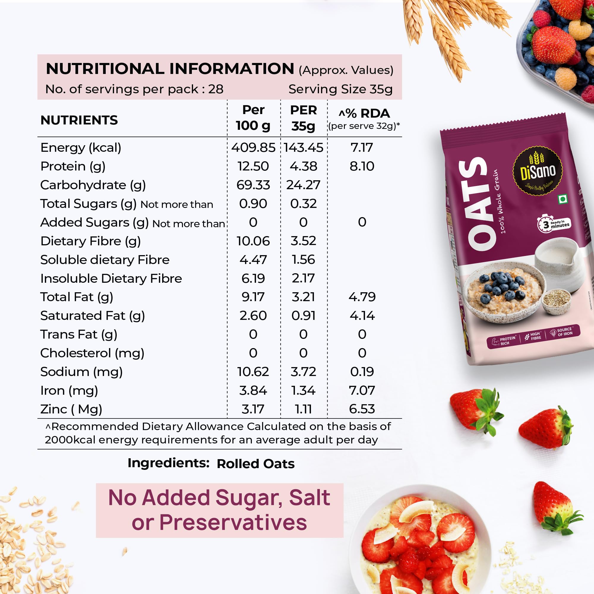 DiSano Oats 1kg (Pack of 2), Instant Oats, Wholegrain, High Fibre, Source of Protein 2