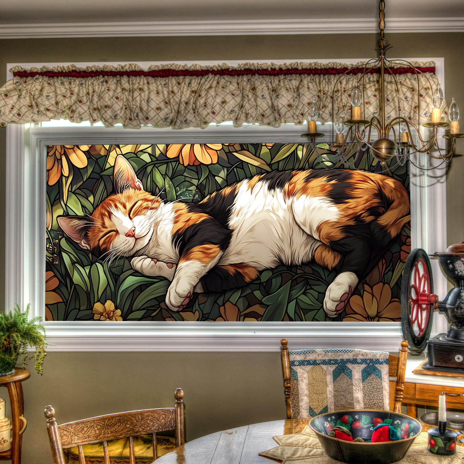 HOMETITUTE Sleeping Calico Cat Relaxing Window Cling 39.3x17.7 Inch PVC