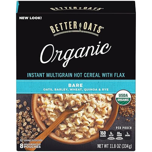 Better Oats Bare Organic Multigrain Hot Cereal Packets, Instant Oatmeal, Thick and Hearty Texture, USDA Organic, Box of 8 Pouches