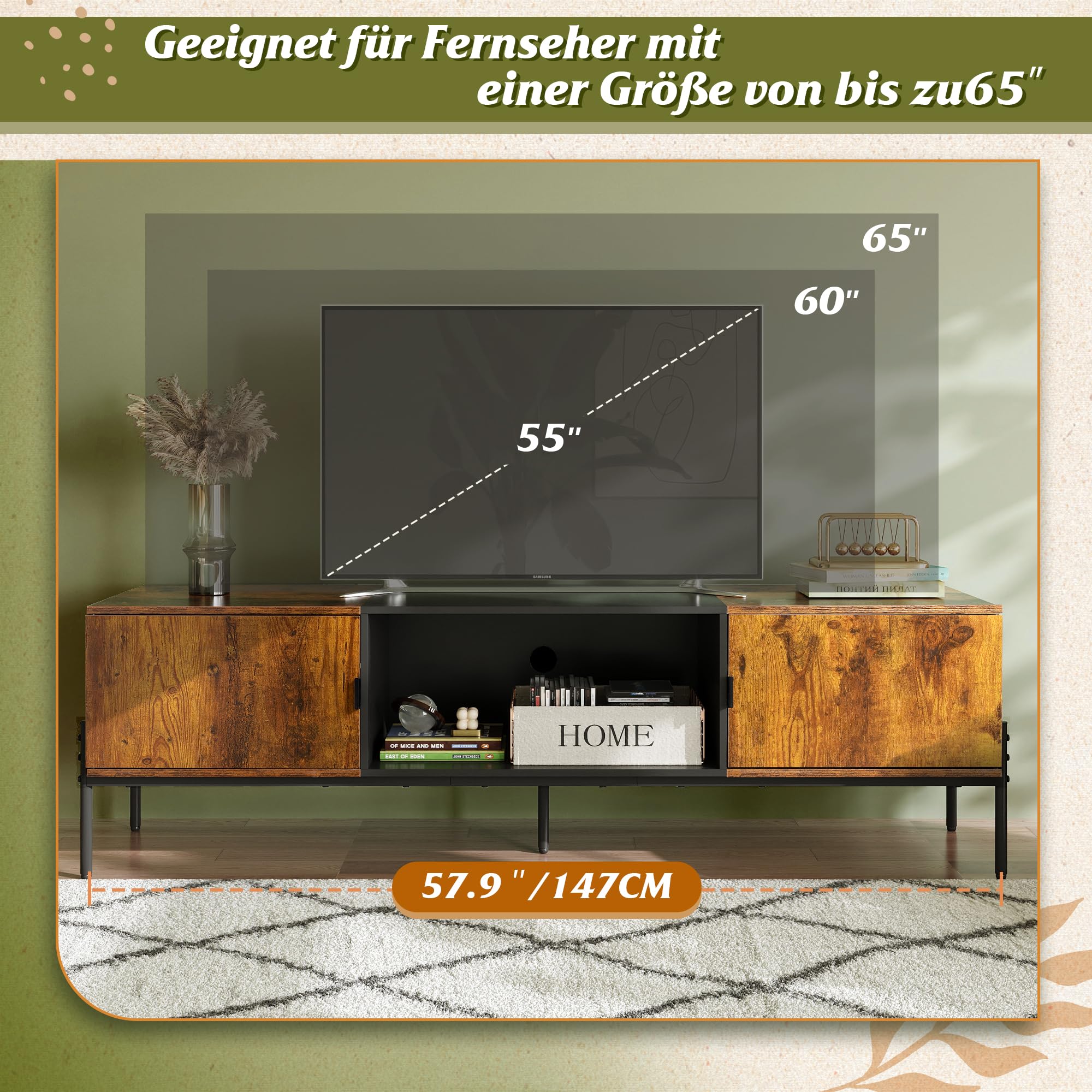 WLIVE TV Schrank, Lowboard für Fernseher bis zu 65 Zoll, 147 x 37 x 45 cm, Fernsehschrank TV Board mit Offenen Stauraum, Fernsehtisch für Wohnzimmer und Schlafzimmer Modern Stand for