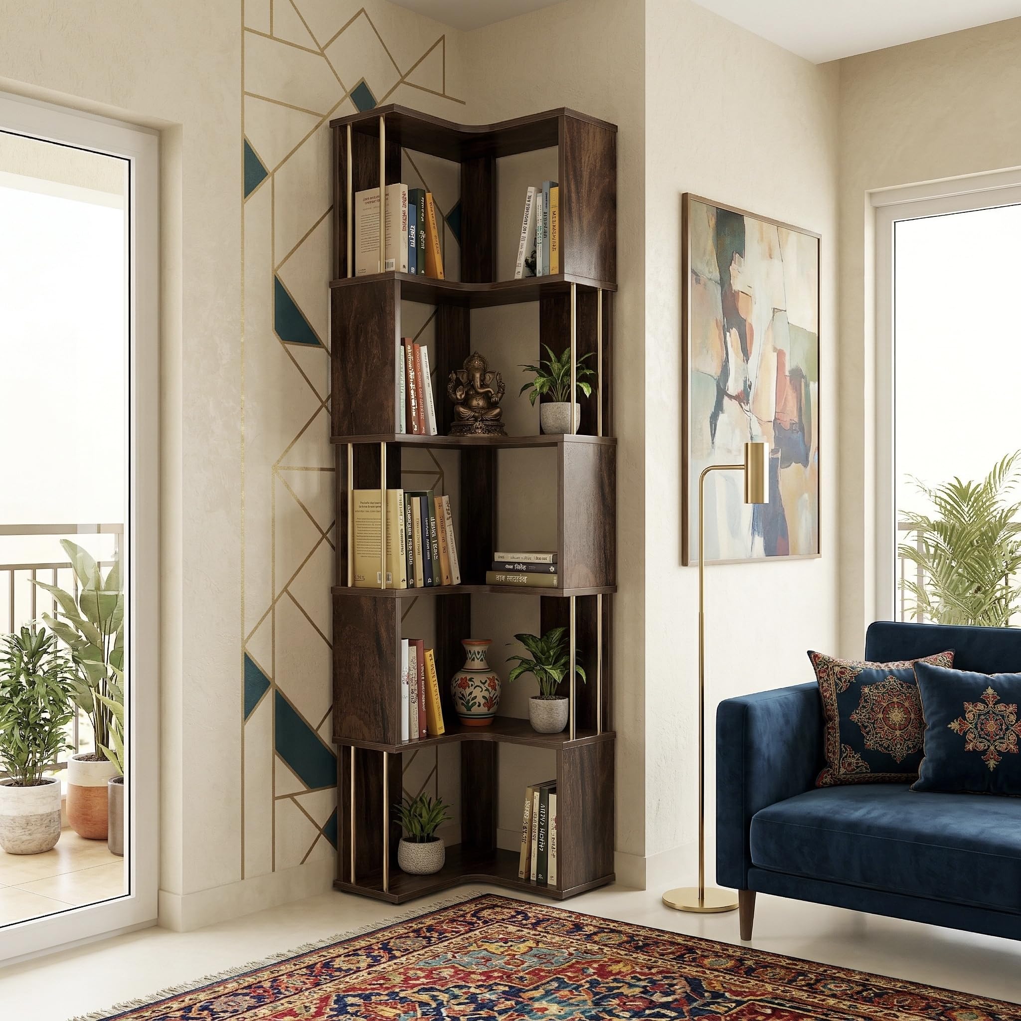 Studio Kook Vista 5-Shelf Engineered Wood Corner Bookshelf