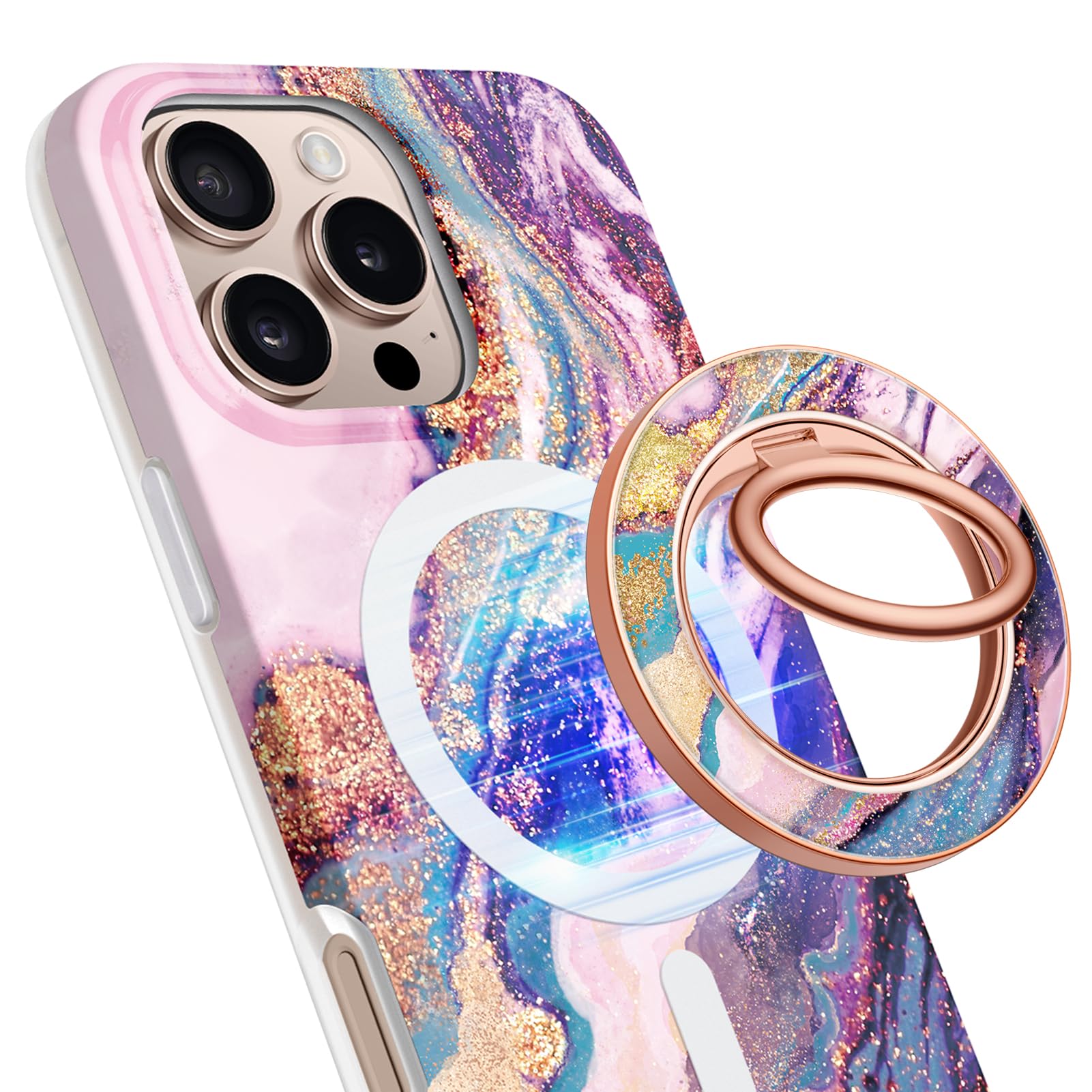 GVIEWIN Magnetic Phone Ring Holder Compatible with MagSafe Grip, [Super Magnet] 360° Rotatable Adjustable Marble Kickstand, Mag Safe Stand for iPhone