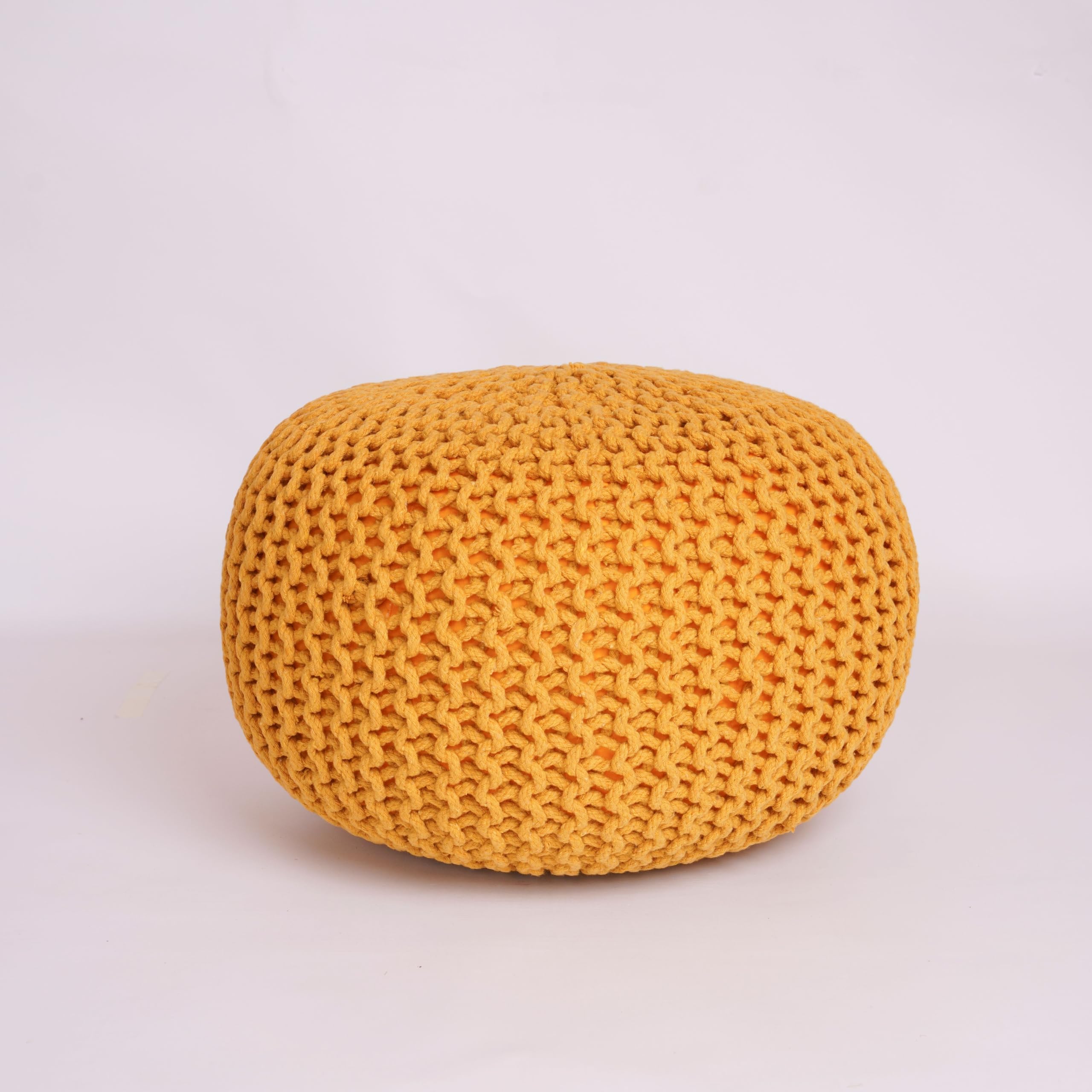 EXQUIZIT HOME® Knitted Round Pouffe Foot Stool Ottoman – Large 100% Cotton Chunky Hand-Knit Pouf with Polystyrene Beads Filling – Soft & Comfortable Footrest and Occasional Seating, 50cm (Mustard)