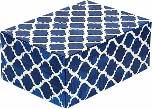 collectiblesBuy Joyero hecho a mano con incrustaciones de resina, organizador de almacenamiento antiguo azul y blanco, caja de madera decorativa de
