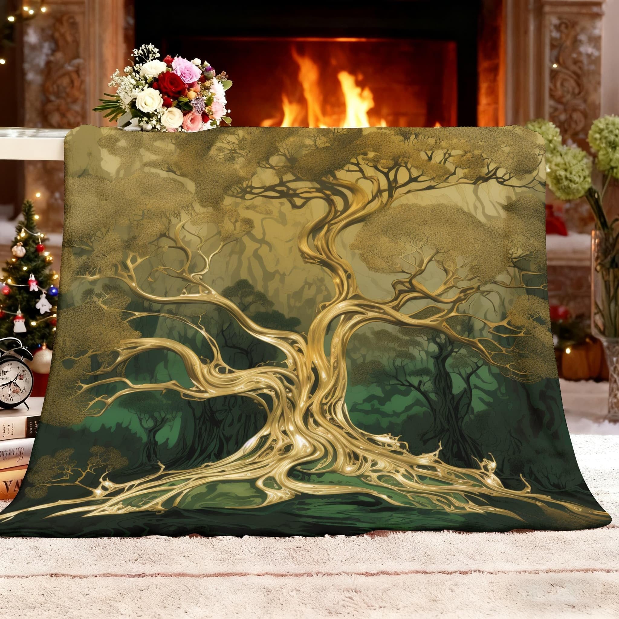 Genérico Cozy Plush Manta XXL 180x200cm áRbol Dorado De La Vida Manta de Franela Ropa de Cama cálida Suave de Forro Polar Verde Oscuro para Sofá Sala de Estar Oficina Coche Exterior Mantas