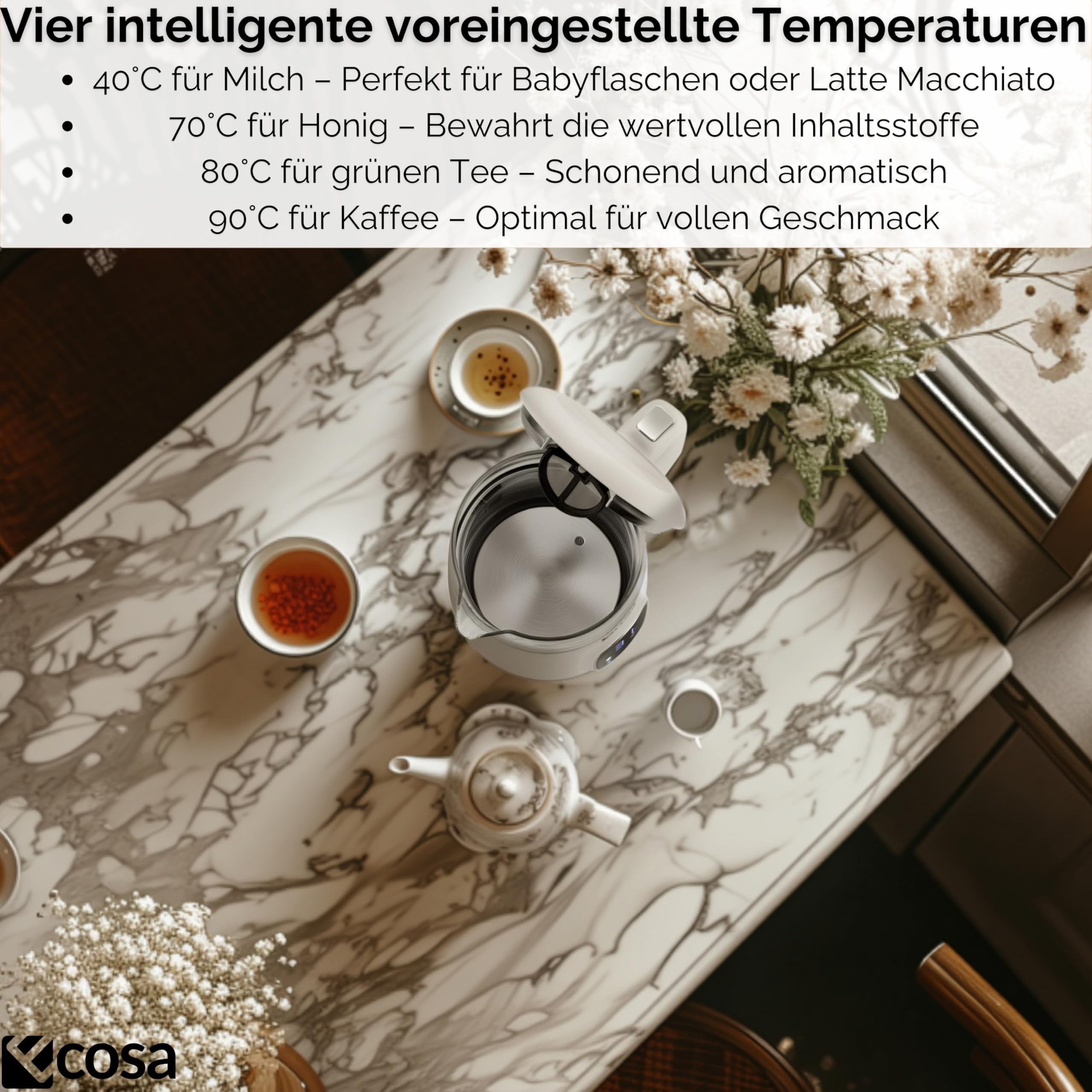 Ecosa Czajnik elektryczny z regulacją temperatury, szkło, stal szlachetna, zaparzacz do herbaty, 1,7 l, 2200 W, bez BPA, z wyborem temperatury 40°C – 100 °C – funkcja utrzymania ciepła LED (Woldo