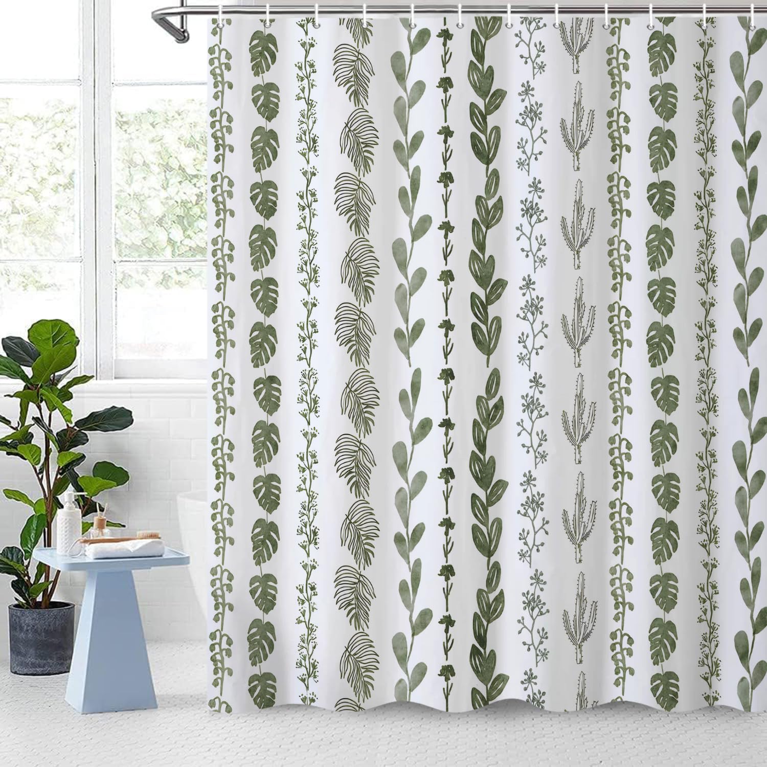 GKLEASG Sage Green Boho Shower Curtain Natural Floral Plant Leaves Bathroom Curtain Tropical Botanical Farmhouse Watercolor Art Printed Waterproof Fabric Bathtub Curtain Set with Hooks 72''Wx72''L