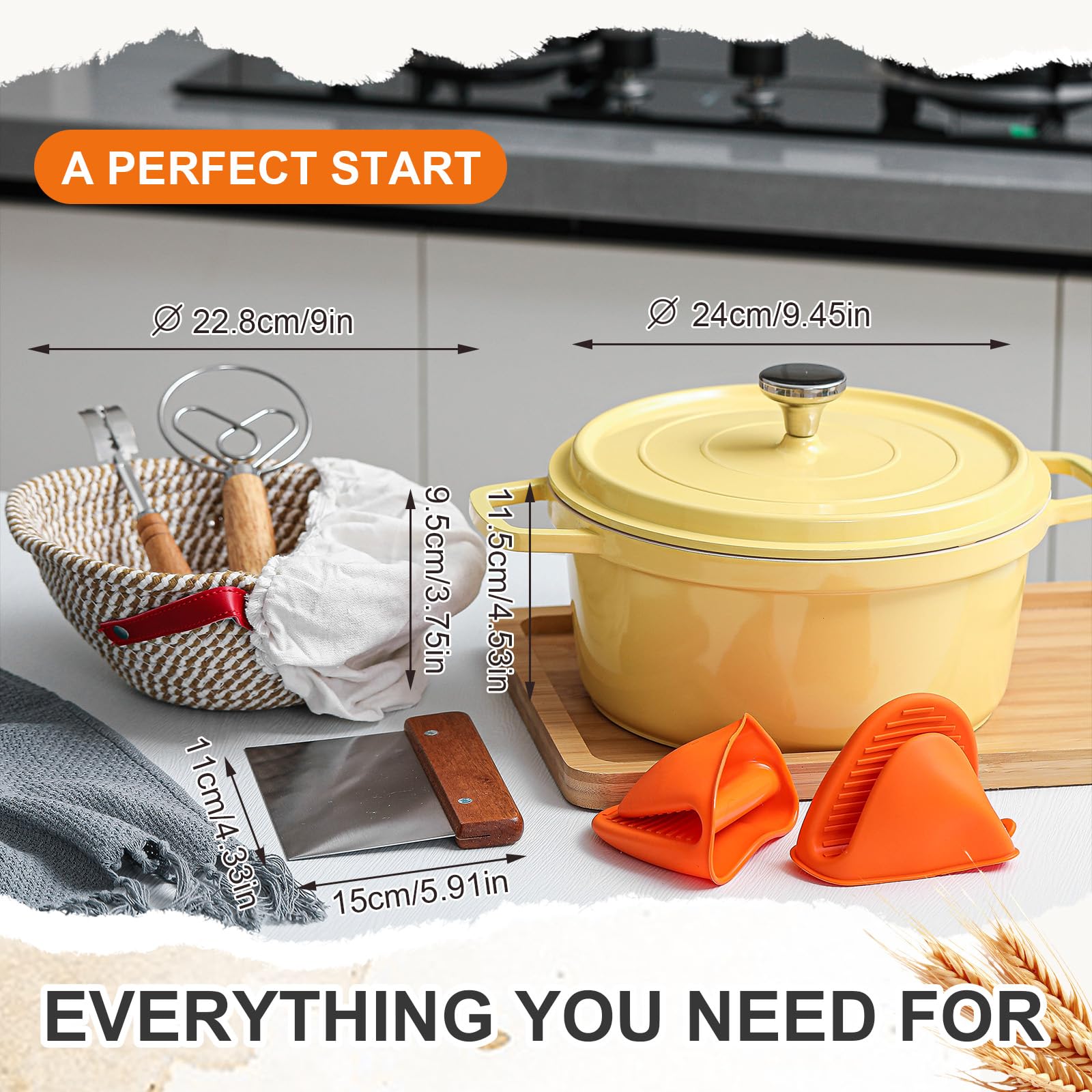 Honeydak 7 Pack Sourdough Bread Baking Supplies Kit Includes Dutch Oven for Bread Baking 5qt Pan Pot, Bread Proofing Basket, Scoring Lame, Dough Whisk