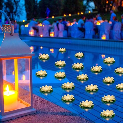 Liliful 36 luces flotantes Lotus realistas artificiales flotantes para piscina con luces LED, almohadillas de lirio que funcionan con pilas,
