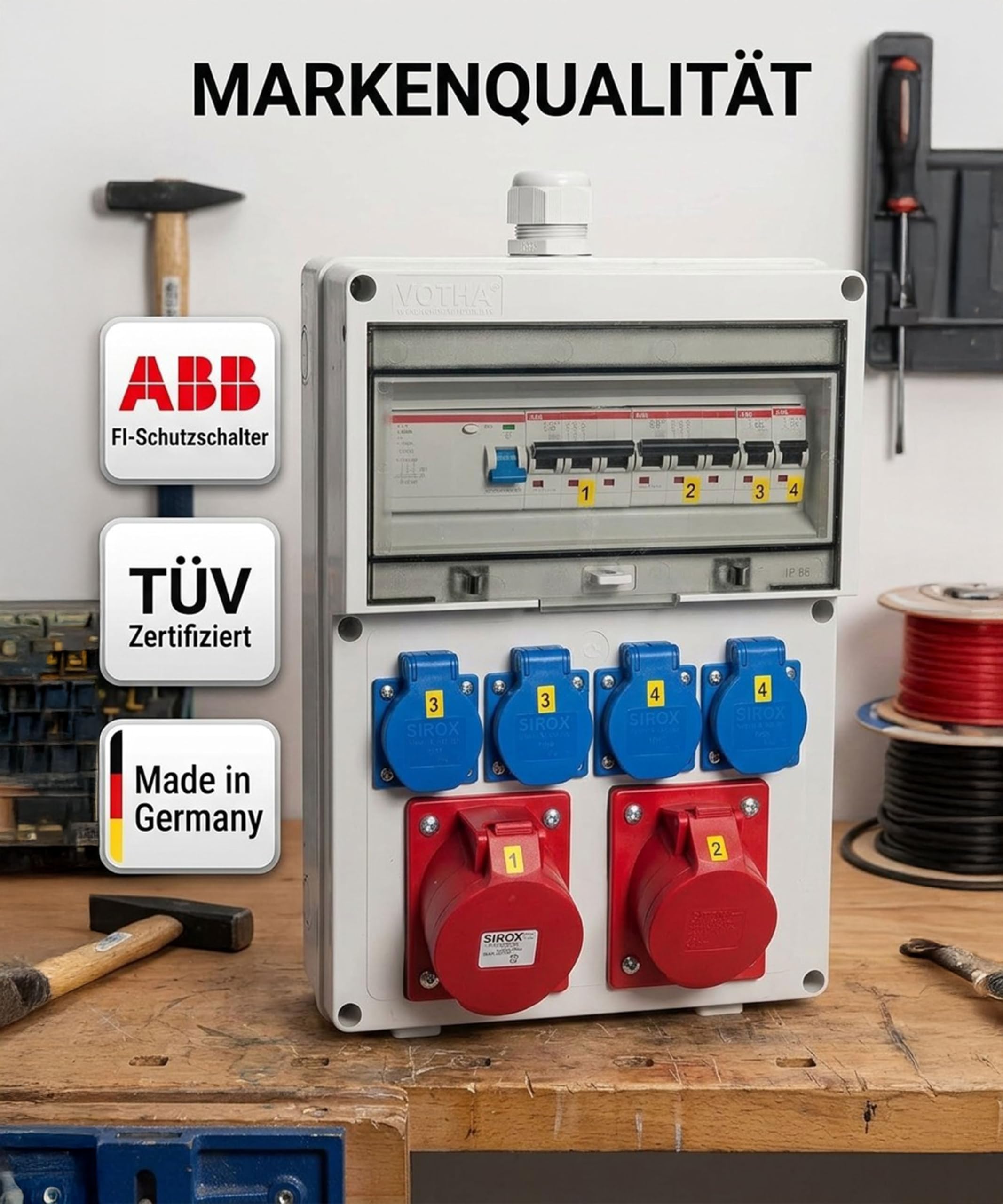 JÄGER VOTHA Wandverteiler Würzburg, Steckdosenkombination zur Wandmontage, fertig verdrahtet, CEE 32A & 16A, 4x 230V Steckdose, FI & LS Schalter, IP54, abschließbare Makrolonabdeckung